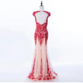 Red Jewel Cap Sleeve Sexy See Through Turkish Sequin Bead Embroidered Evening Dress without Train